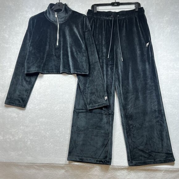 Fabletics Plush Rib Cropped Sweatshirt Wide Leg Pants Matching Set Size ML Black